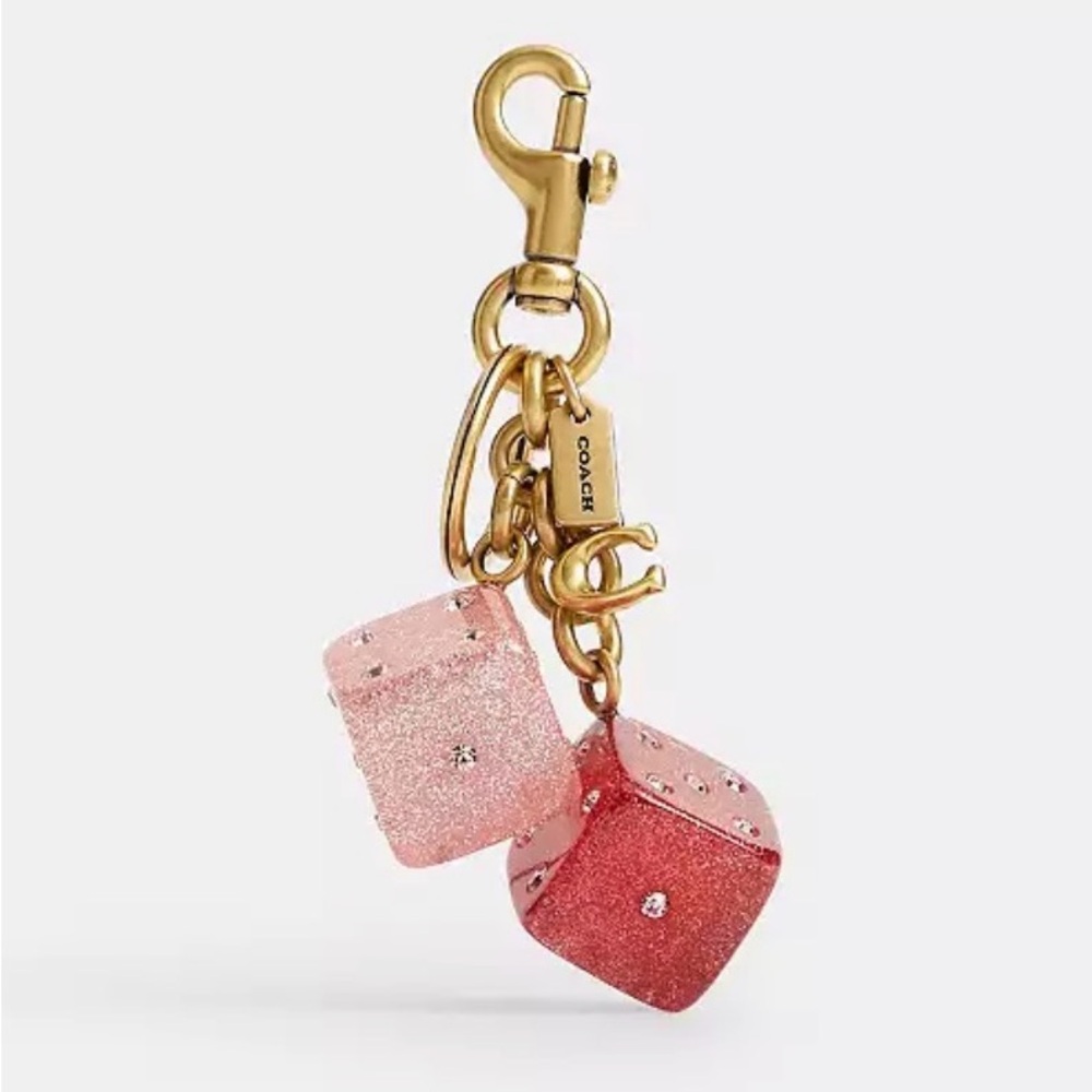 2026 Coach Dice Bag Charm – Pink Crystal | Gold Tone | With Dust Bag